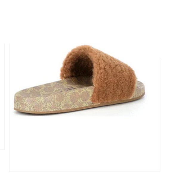 Coach Pool Slides Shearling Tan Brown Size 13 Shoes Slippers Slip On Sandals - Picture 3 of 7